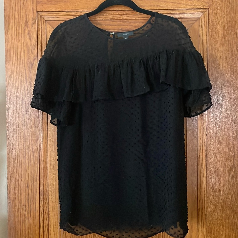 JCrew Edie Swiss clip dot ruffle blouse; black; 8T; G0172